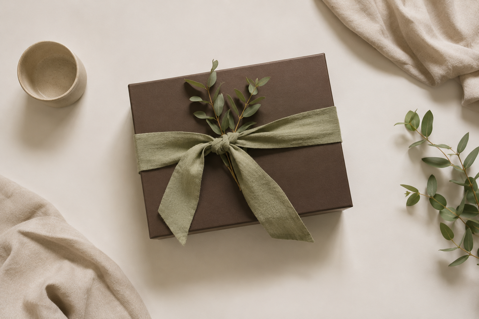 Hand-tied gift box with olive ribbon and eucalyptus sprig